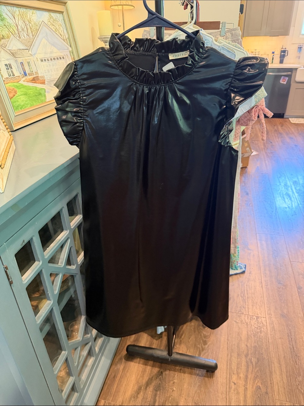 JODIFL Black Shiny Ruffle Sleeve Mini Dress